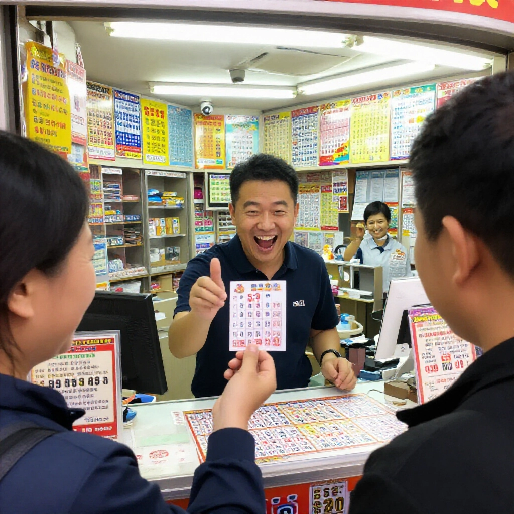 台灣彩票店內興奮玩家拿著中三號的539票,在櫃檯上顯示匹配號碼,燈光下彩色海報環繞,店員微笑服務