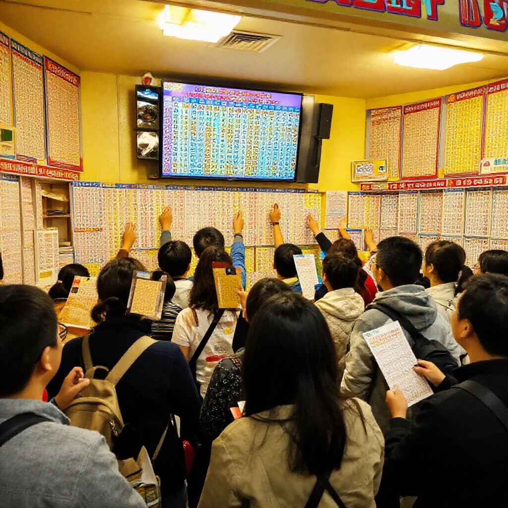 熱鬧台灣彩券店內，玩家圈選六星號碼，眾人圍著每五分鐘更新一次的電子螢幕，黃暖燈光營造忙碌氛圍