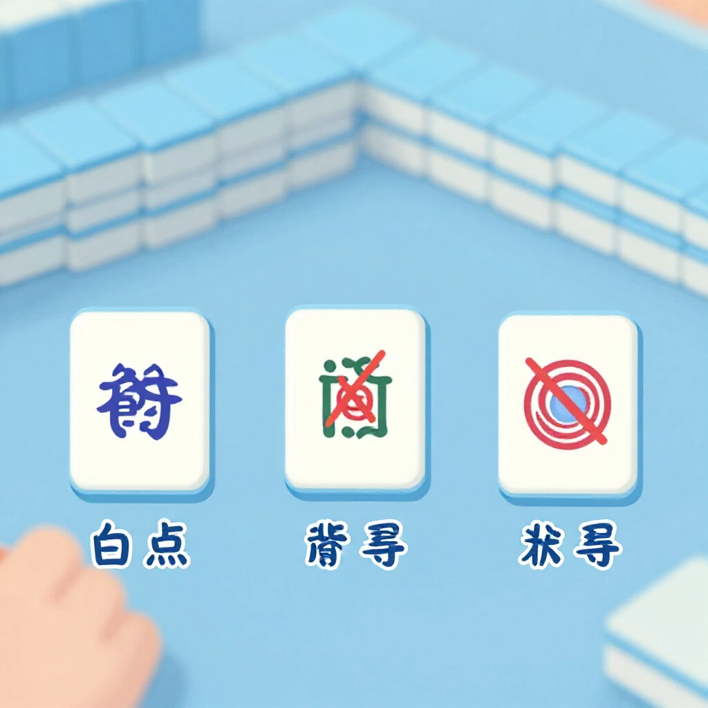 closeup diagram showing breakdown of three points in Taiwanese mahjong door clear one point self draw one point no seek one point icons representing no eat no pong no kong clean hand structure soft blue tones explanatory style