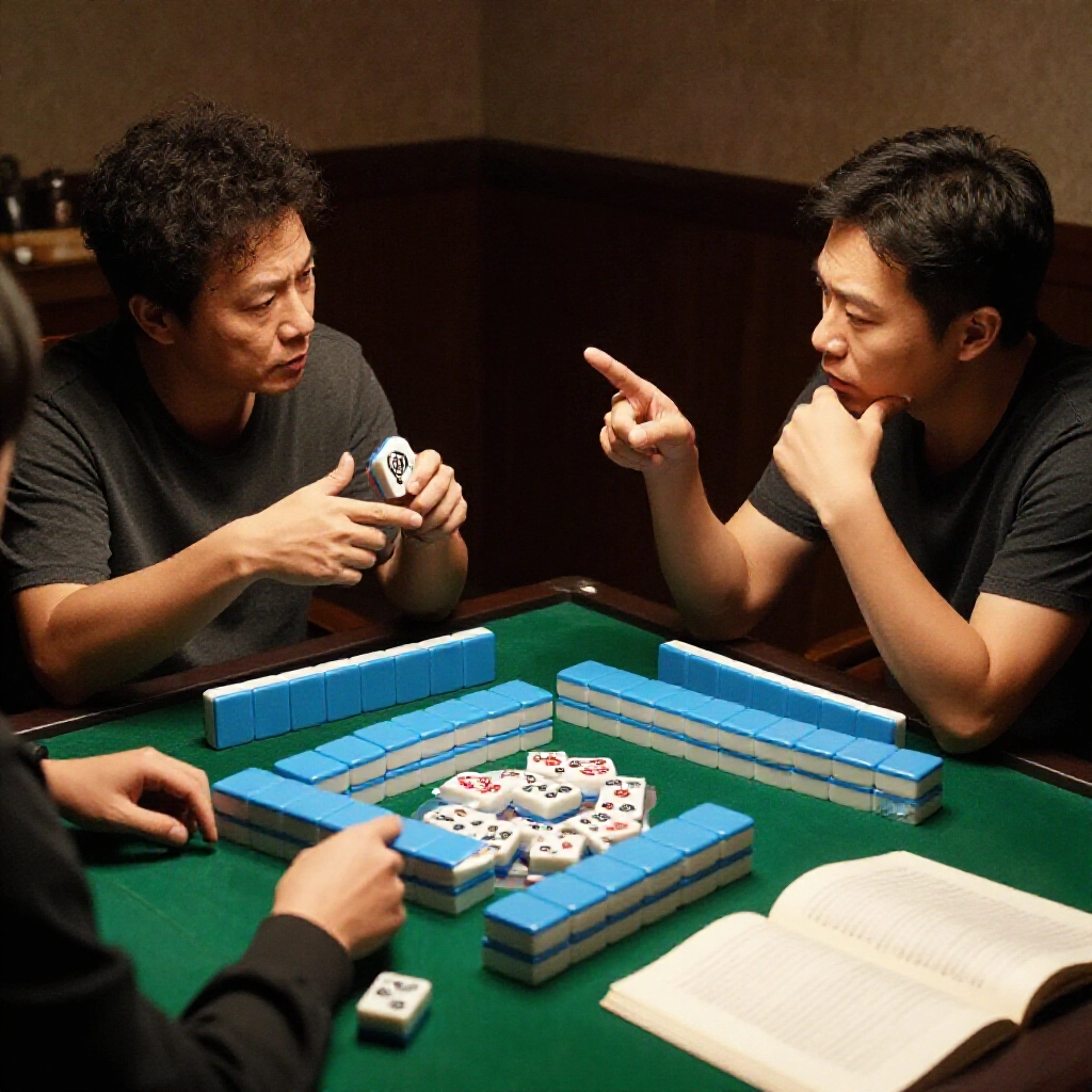 two mahjong players debating at table one gesturing two points another insisting three points with score sheets and tiles nearby frustrated expressions dim tavern lighting contrasting rule books open on side