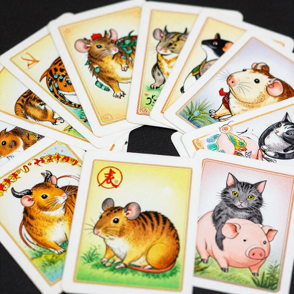 老鼠牌牌組特寫,十二生肖動物圖案加上神秘貓牌,整齊攤開展示傳統長條形設計