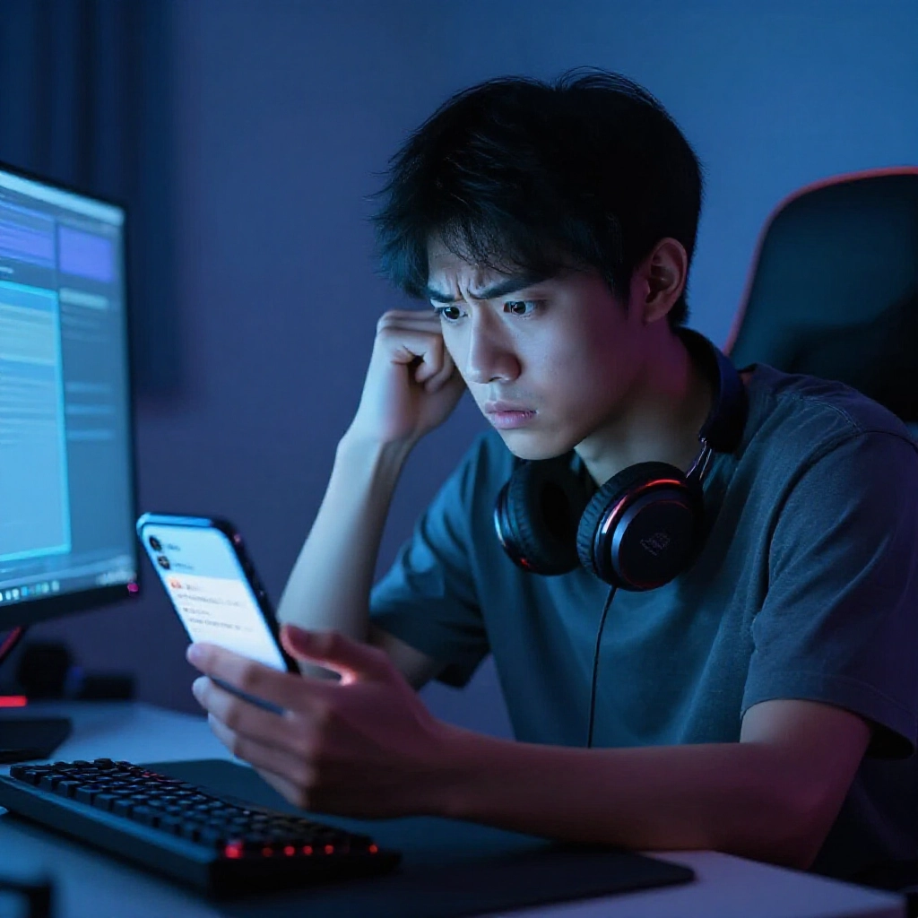 一名焦慮的台灣年輕遊戲玩家,在手機藍光照亮的昏暗臥室中,驚恐地盯著顯示已傳送點數卡序號的聊天畫面,肩膀緊繃、拳頭握緊,滿臉擔憂