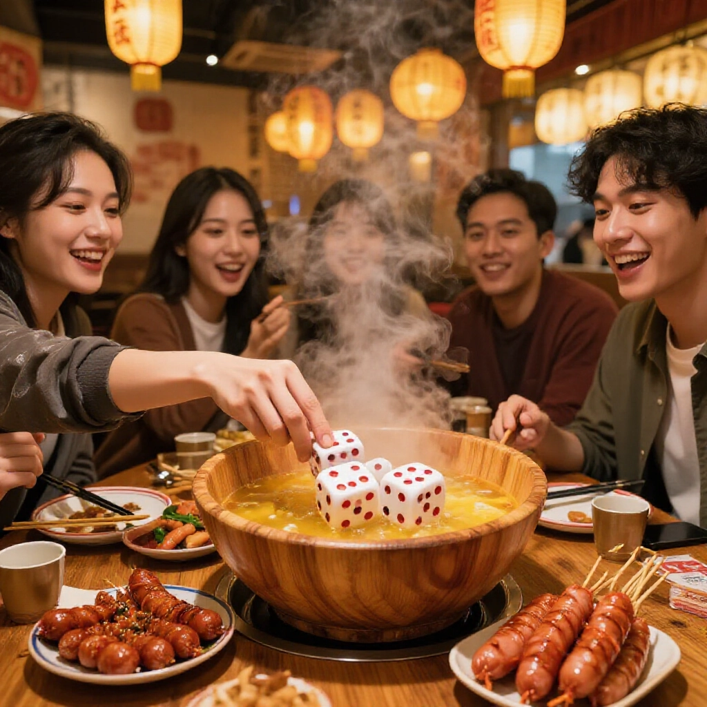 台灣熱炒店一群歡樂朋友搖晃大木碗，四顆紅點骰子在內，周圍熱騰香腸燈籠夜燈暖光