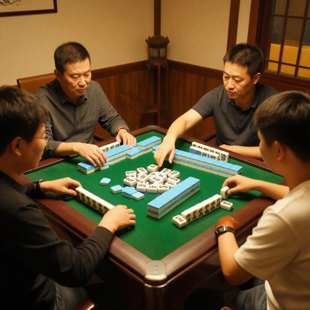 舒適房間內台灣傳統麻將桌，四位玩家專注對戰，一人聽牌後選擇過水，綠色桌墊上散落牌張，溫暖燈光營造緊張氛圍