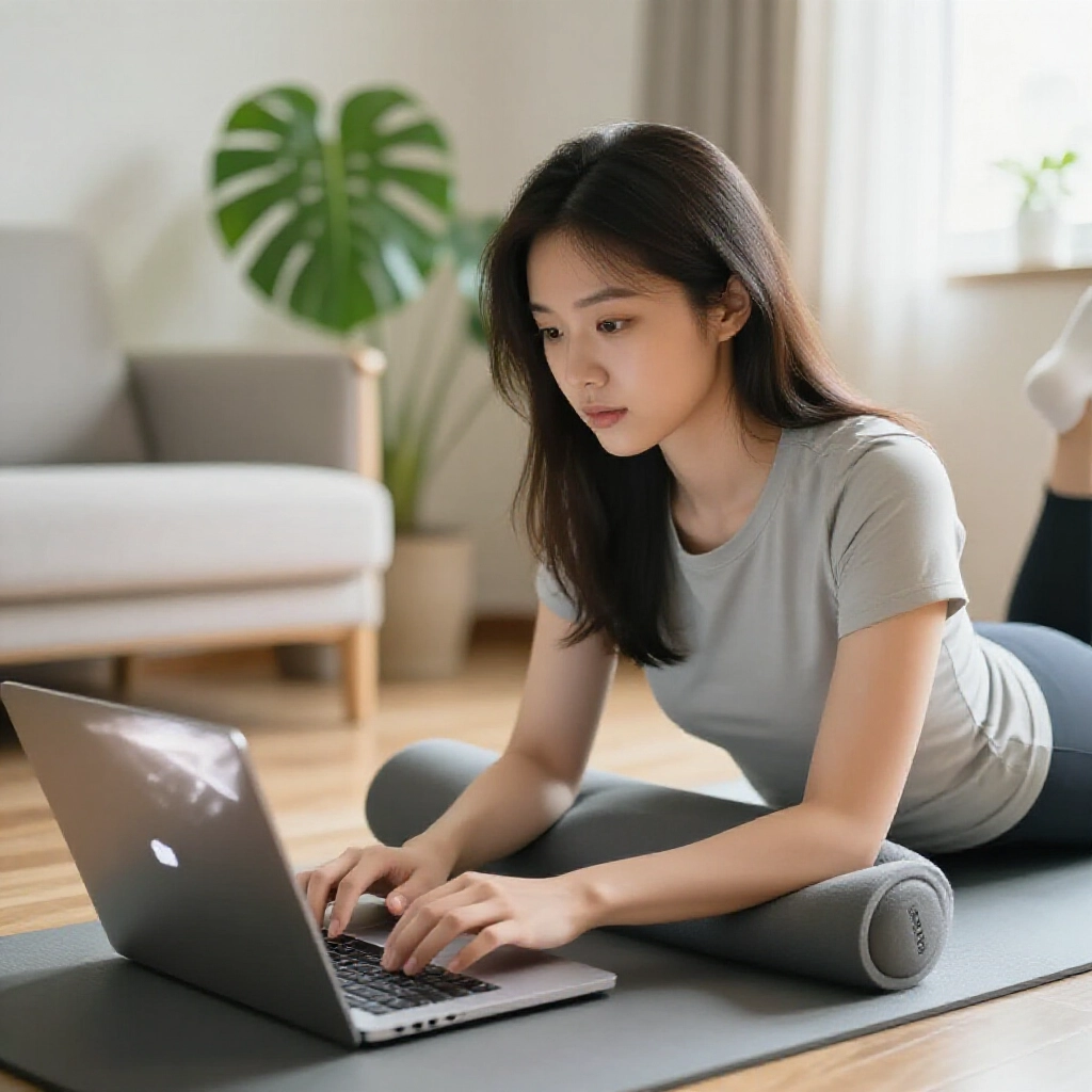 時尚台灣年輕女性在舒適公寓裡瀏覽筆電螢幕上顯示 Andar 授權通路的畫面，早晨柔和光線綠植瑜伽墊環繞，專注放鬆表情