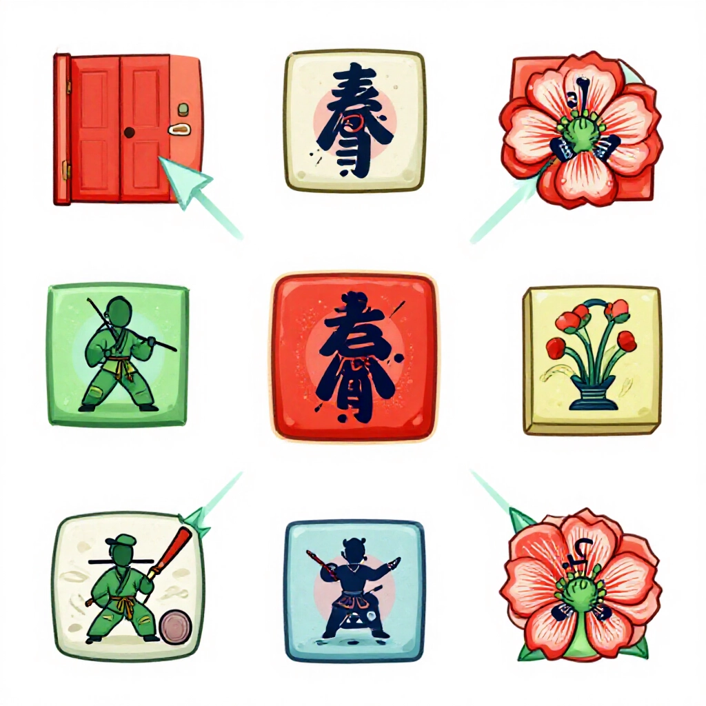 彩色圖表視覺化基本台數類型,如門清、自摸、莊家、風位、花牌,使用牌張圖示,明亮白底,乾淨線條與鮮豔紅綠點綴