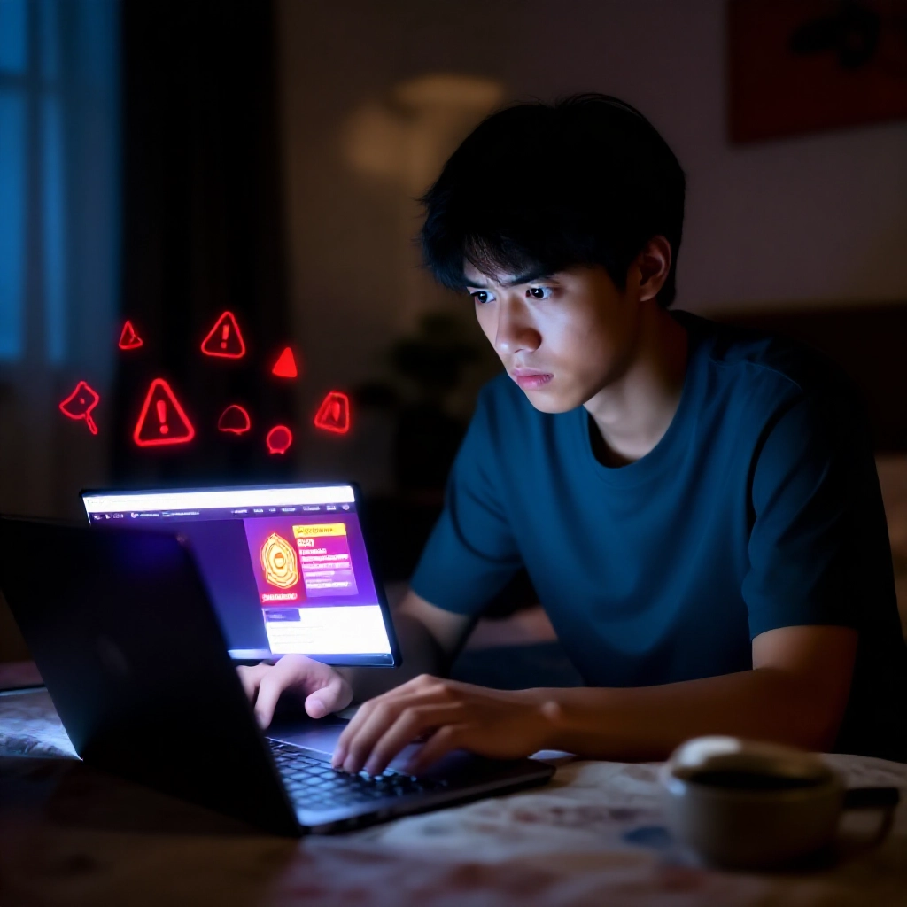 一位年輕男子在昏暗的台灣臥室中,警惕地盯著筆電螢幕,顯示浮誇的線上娛樂城首頁,帶有匿名網域細節與假執照徽章,周圍浮現紅色警告圖示