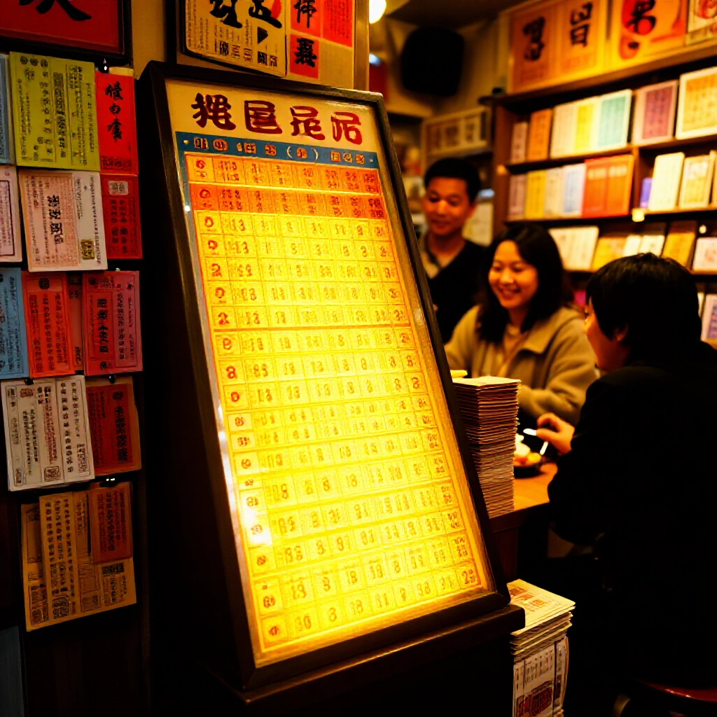 在溫暖黃光照耀的台灣商店氛圍中，充滿活力的彩券獎金表格閃耀金色亮點，周圍環繞彩色彩券與微笑玩家