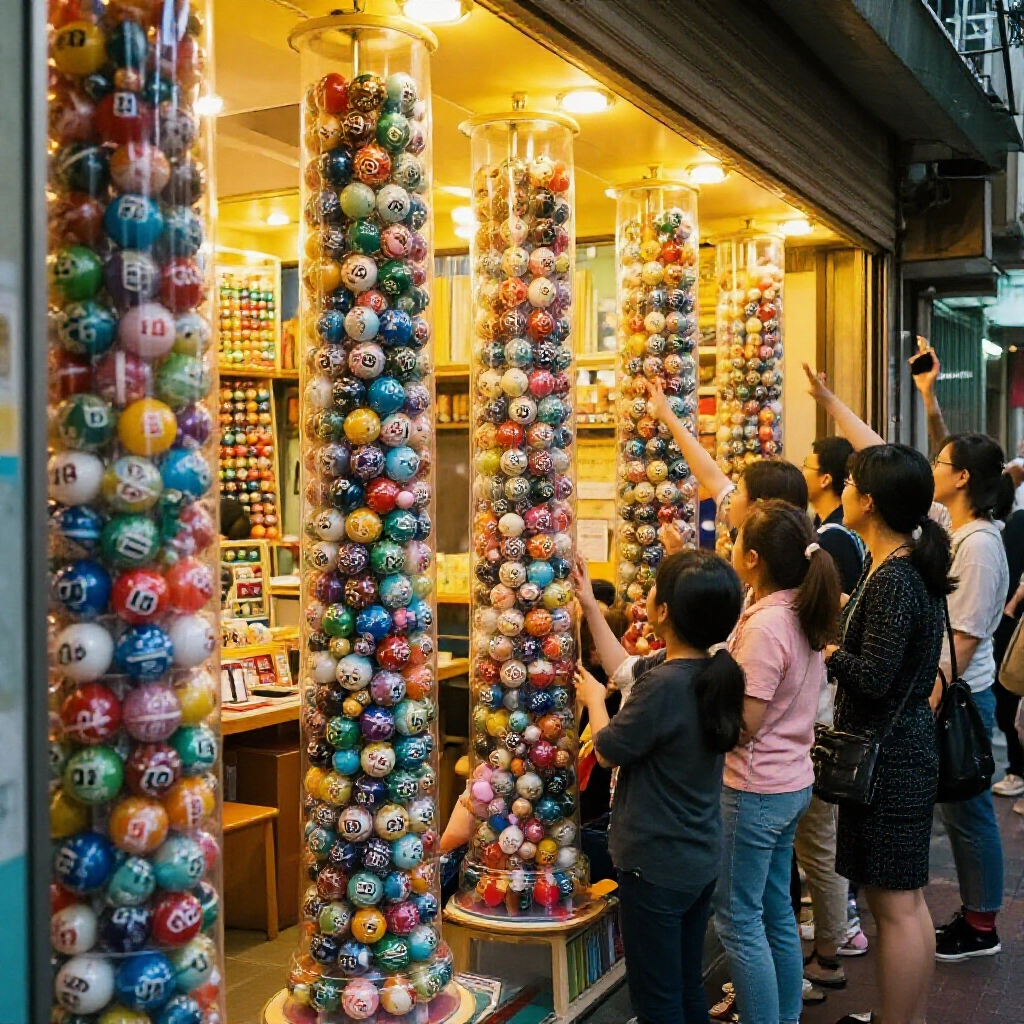 台灣樂透店內色彩繽紛的號碼球垂直排列如家庭排隊,溫暖黃光下興奮玩家指向排列