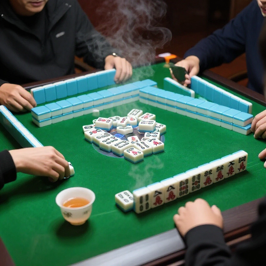 麻將遊戲流程場景：玩家摸牌、吃牌、碰牌後宣告獲勝，綠色桌台，專注玩家，茶杯蒸氣，戲劇性聚光燈照亮贏牌手牌