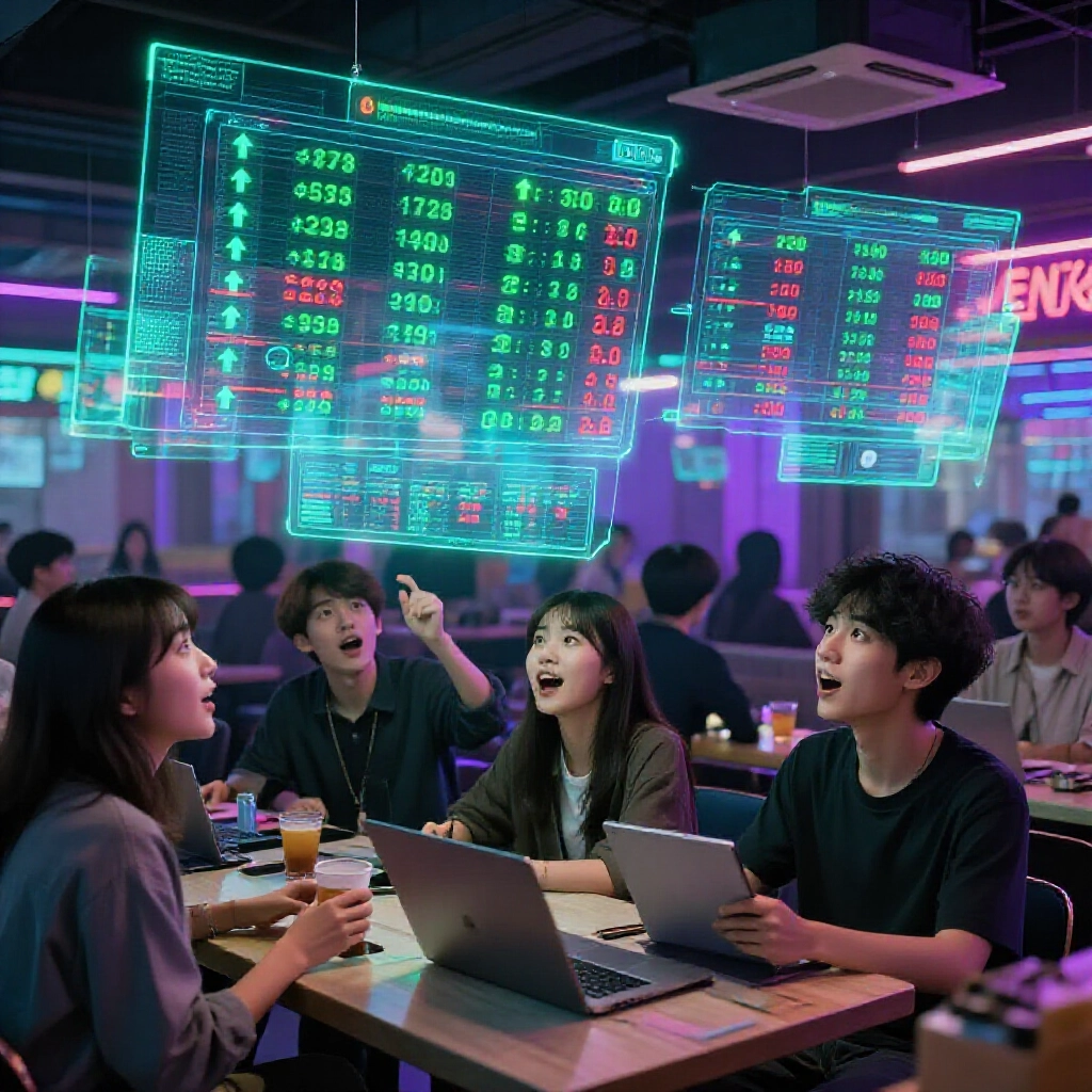 熱鬧數位交易市場，台灣年輕人在網路咖啡廳透過全息面板比較匯率，綠色上漲箭頭顯示高回分，紅色警示詐騙，霓虹綠紫燈光照亮興奮表情