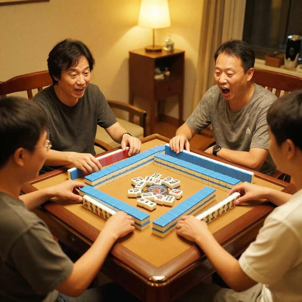 溫馨台灣客廳麻將桌，四位興奮玩家整理十三張牌手，對比十六張牌局，柔和金黃燈光，木質牌，紅藍綠色調，好奇表情