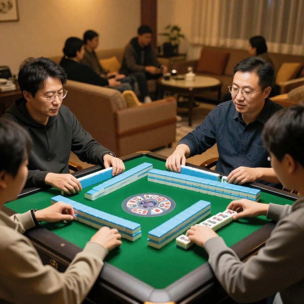 玩家圍坐在傳統綠氈麻將桌前,整理基本牌張,一人解釋計分邏輯,神情專注,溫暖燈光下的舒適家庭空間