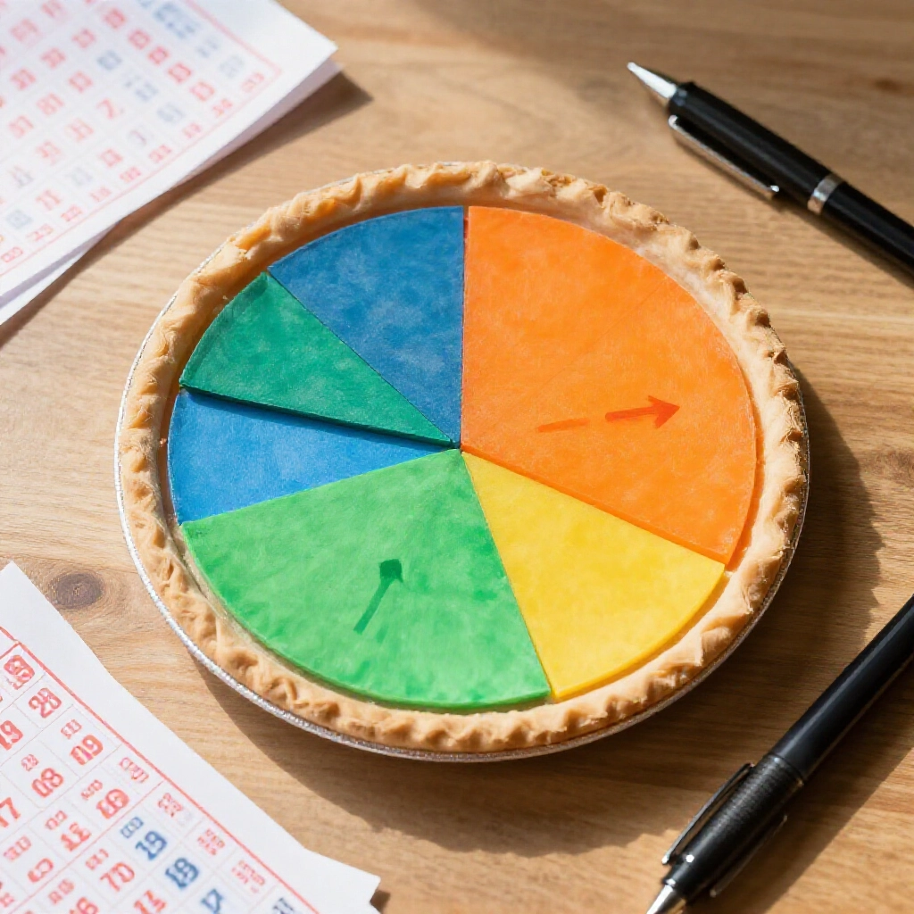 木桌上彩色餅圖顯示冷熱號碼組合,綠色熱門區塊橘色冷門區塊與混合箭頭,周圍散落樂透單據與筆,早晨明亮光線