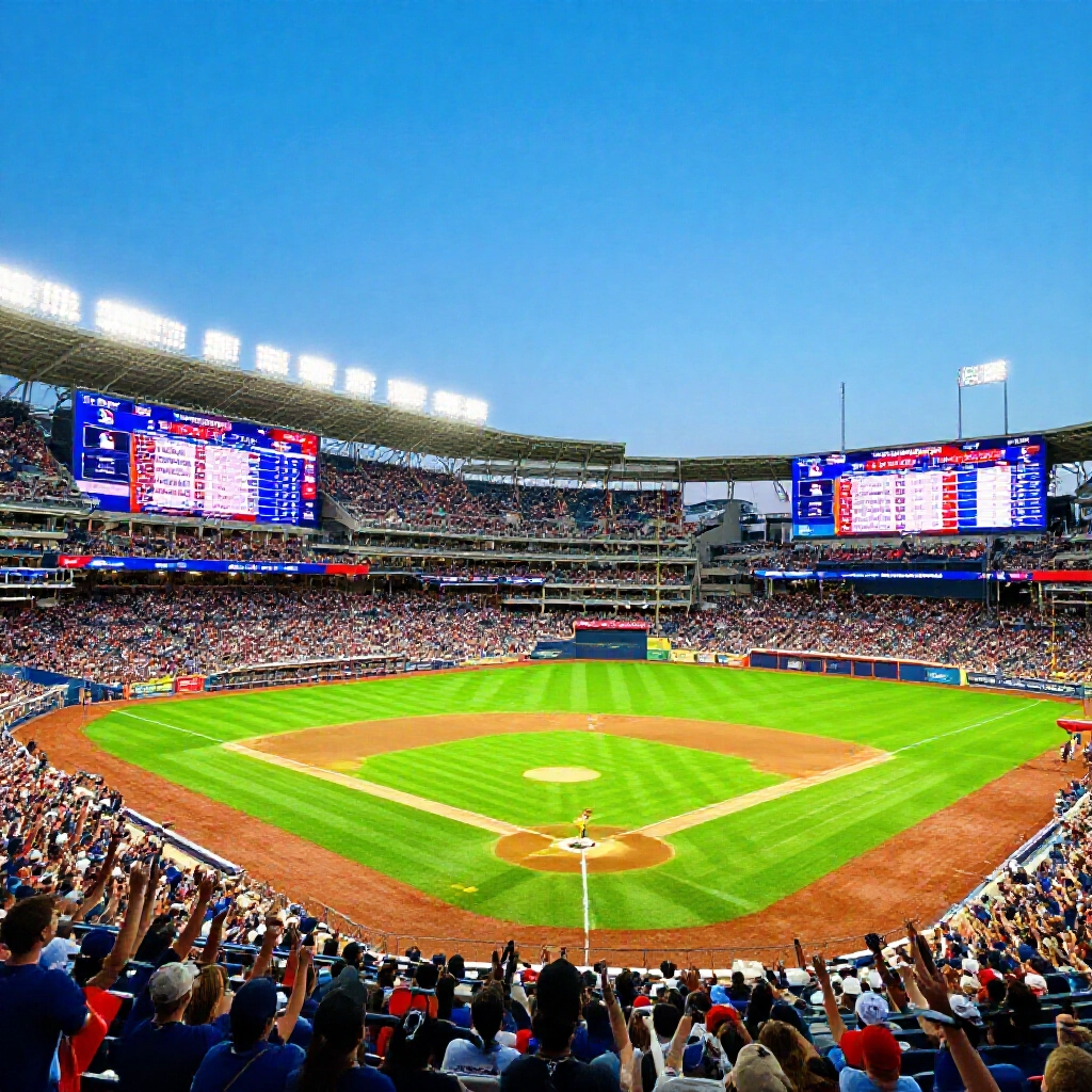 熱鬧棒球場內球迷歡呼燈光下,大螢幕顯示MLB直播平台比較圖表,綠草地藍天