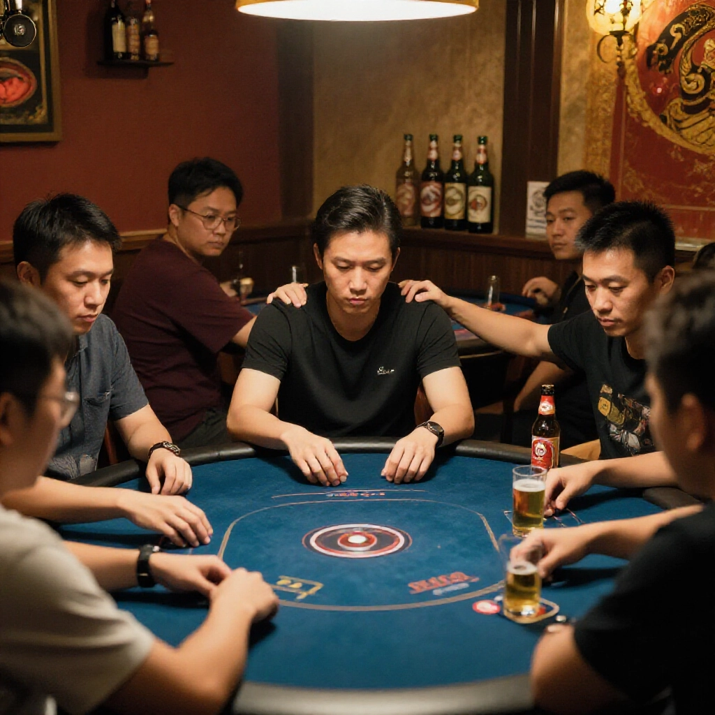 台灣玩家圍坐在昏暗牌桌，避免拍肩膀，緊張表情與傳統裝飾、啤酒瓶營造社交卻迷信氛圍