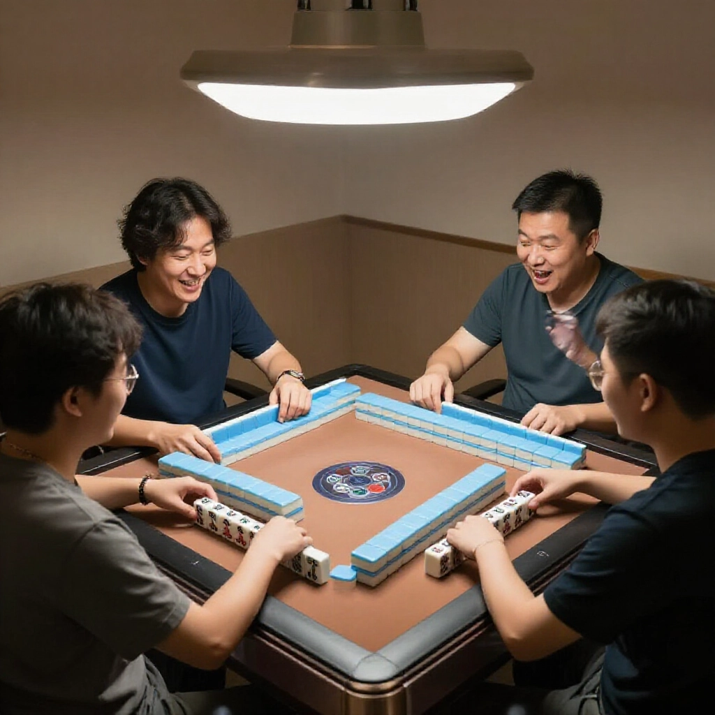 三位玩家三角形座位圍麻將桌，莊家以風箭標示，北位空出，手牌分發，臉上興奮表情