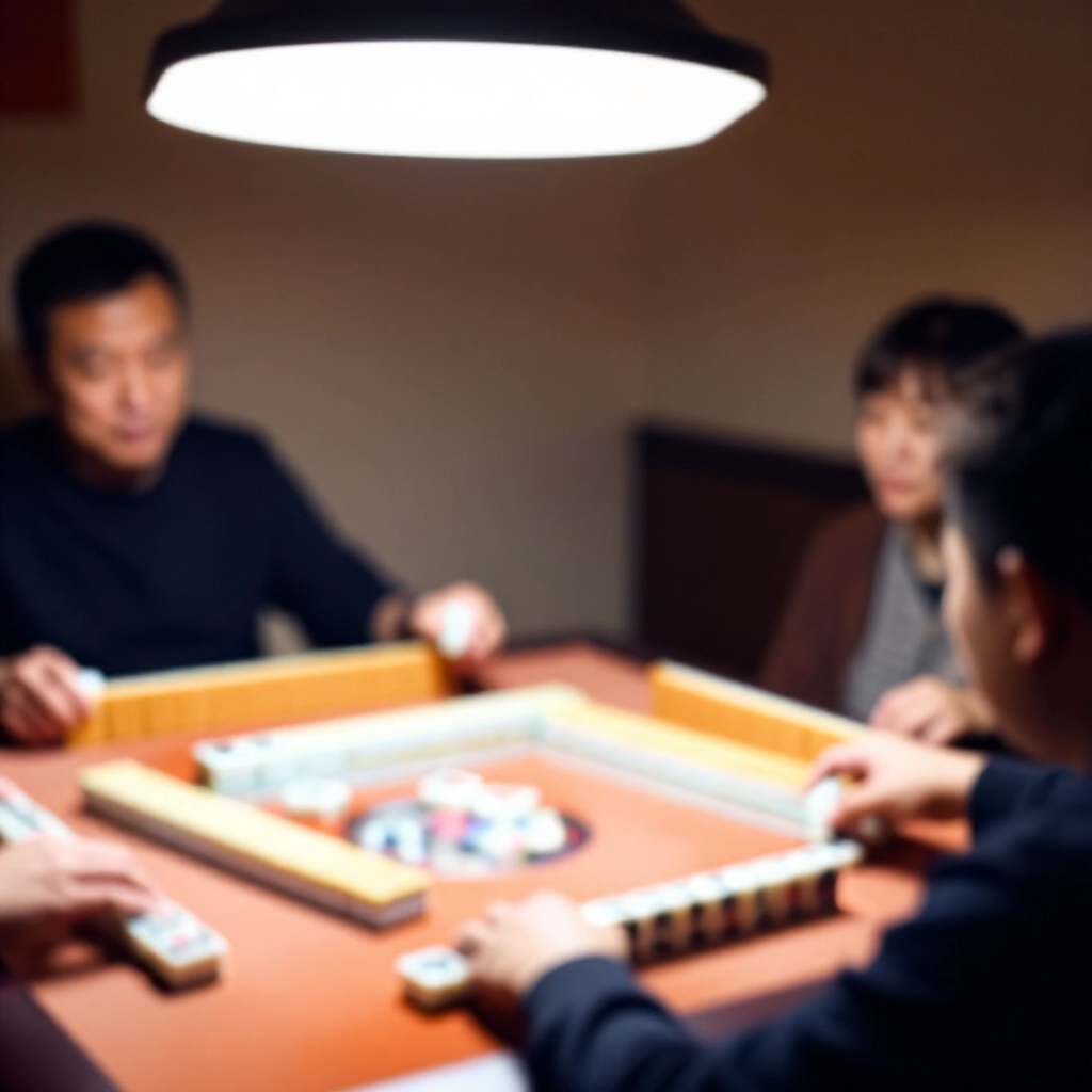 麻將玩家從牌牆摸牌，檢視手牌後打出安全牌以解過水，其他玩家拭目以待，木質牌張細節清晰，明亮頂燈照明