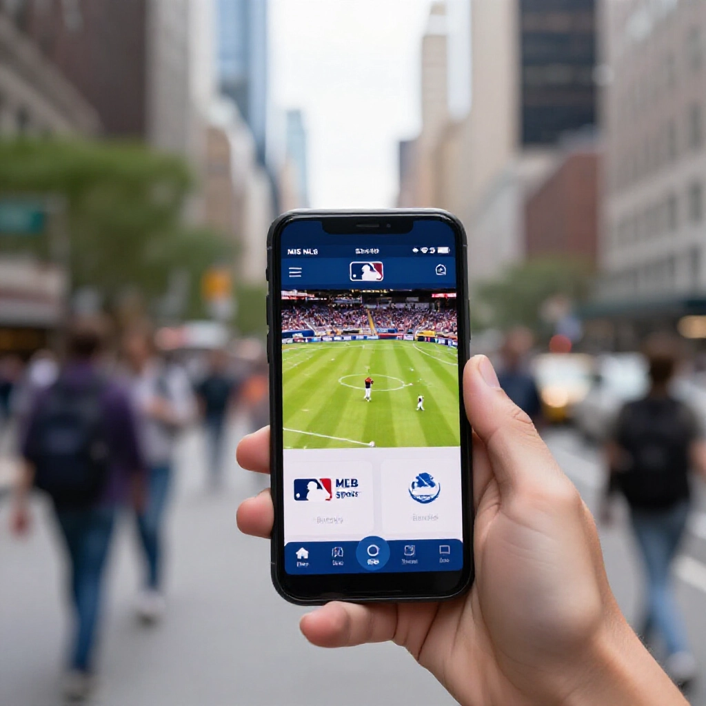 通勤族手持手機觀看Yahoo體育免費MLB直播,背景城市天際線,螢幕顯示精彩賽況