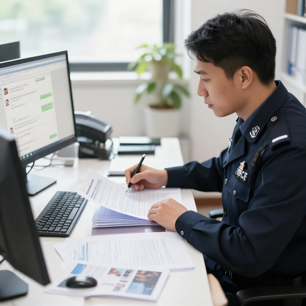 一位冷靜的專業人士在明亮辦公室審閱警方報告文件與詐騙對話截圖,自然日光,桌上整齊筆記與證據照片,專注而安心