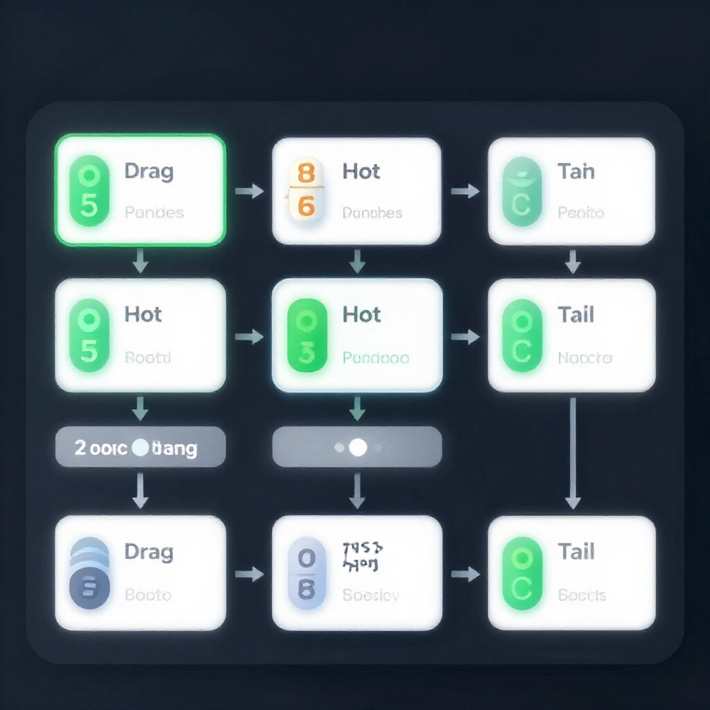 拖牌統計邏輯動畫流程圖,箭頭連接熱冷號碼與尾數分佈,現代介面綠色成功高亮
