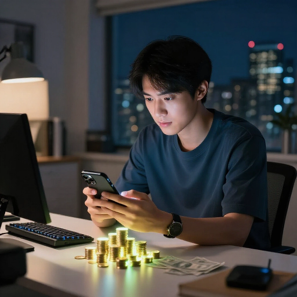 台灣玩家在夜晚現代公寓中檢查手機螢幕，神幣堆疊發光轉換成現金鈔票，書桌燈光柔和窗外可見城市天際線