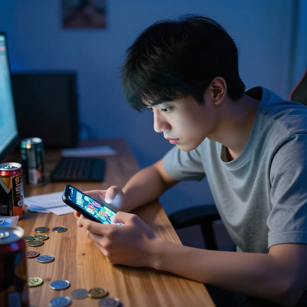 一位年輕台灣玩家在昏暗臥室中，專注盯著螢幕上彩色遊戲幣轉變成現金鈔票堆疊的智慧型手機，藍色環境光線映照出他思索的表情，桌上散落能量飲料罐與筆記