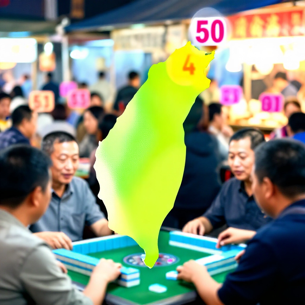 台灣地圖突顯北部與南部地區,對照分數浮現在麻將桌上方,熱鬧夜市氛圍,鮮豔色彩,興奮爭論的玩家