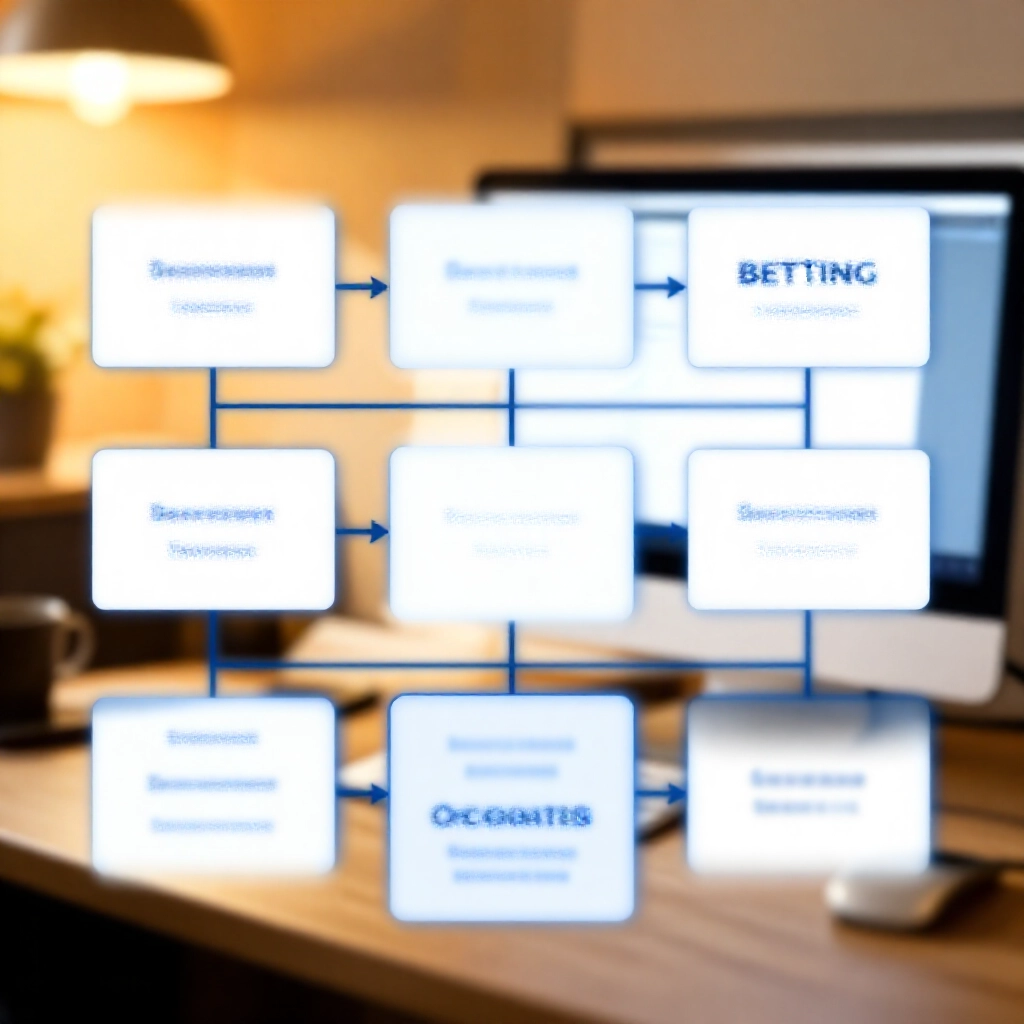 投注決策步驟流程圖,藍色調連線方塊,現代辦公桌設定