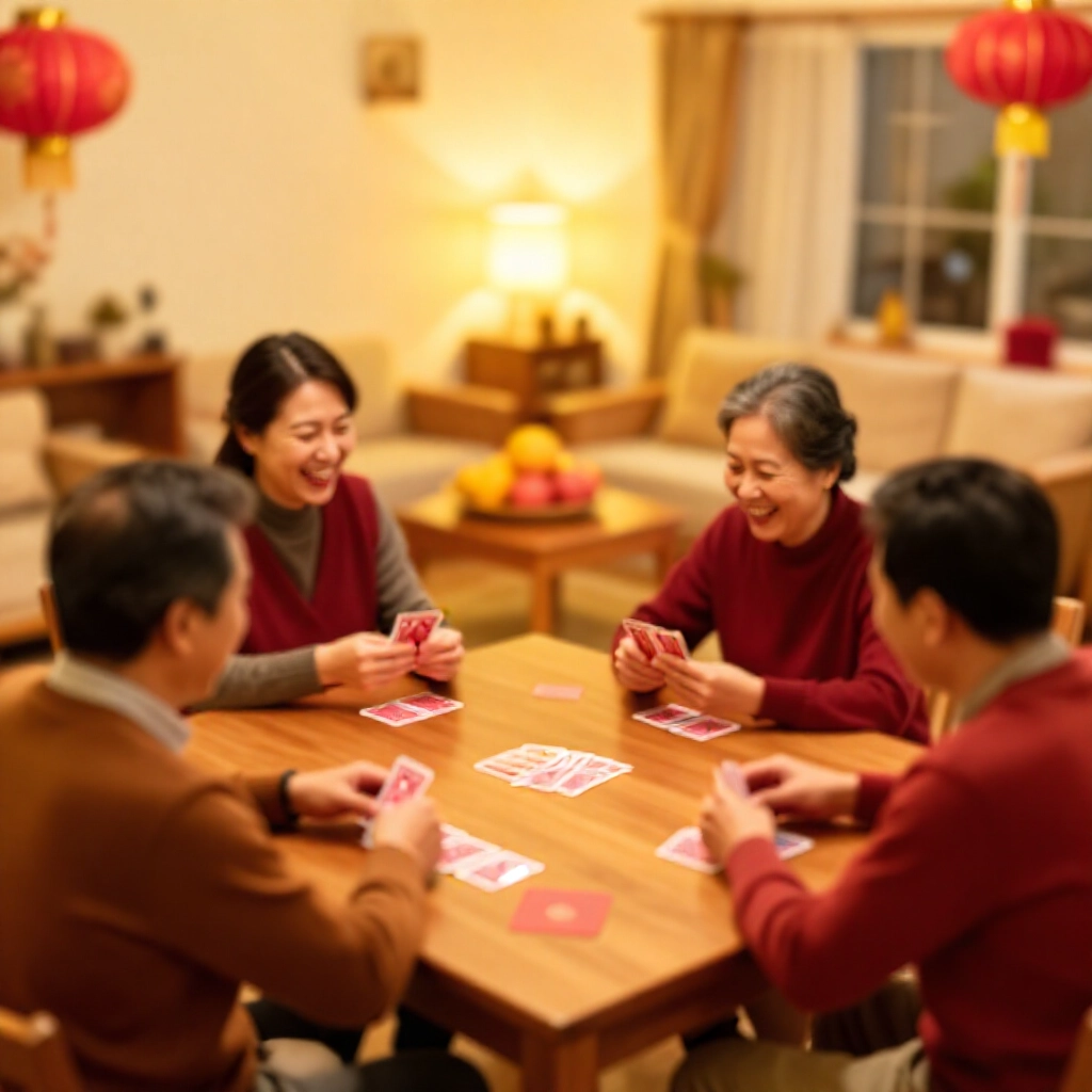 溫馨舒適客廳裡,台灣家庭成員圍坐在木桌旁笑鬧洗牌發牌慶祝農曆新年,周圍紅燈籠與水果盤沐浴柔和金黃燈光