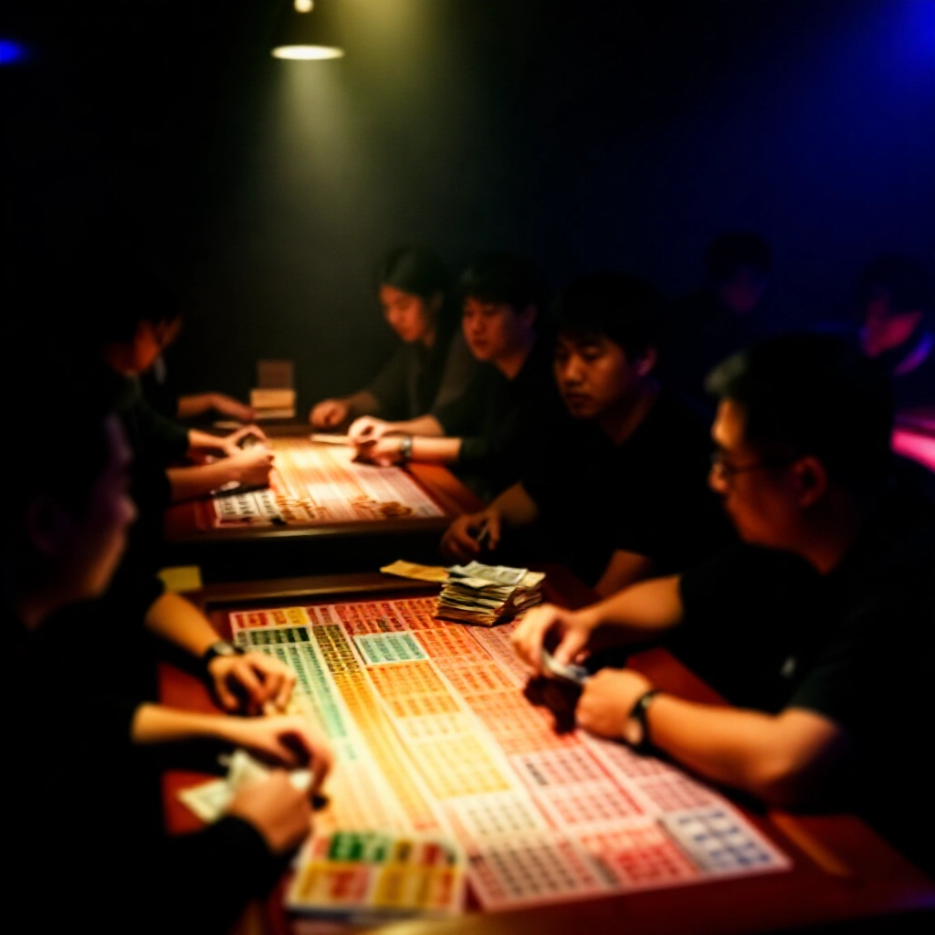 煙霧繚繞的昏暗地下賭場房間,木桌上有彩色彩票單和現金堆疊,霓虹燈閃爍,周圍亞洲玩家專注前傾投注