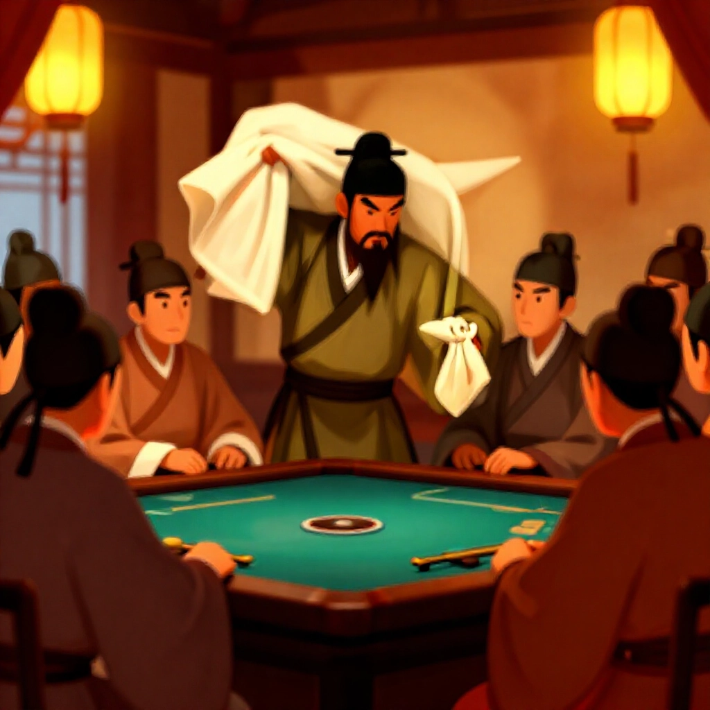 歷史插圖：燈籠照明的古室木製賭桌前，古代中國荷官攜布錢袋，玩家興奮前傾