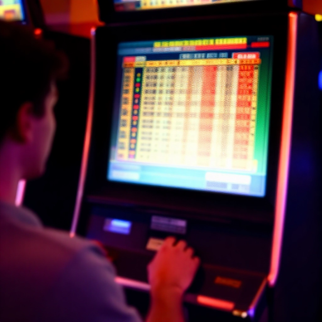 專注玩家在柔和燈光遊戲室查看老虎機支付歷史，顯示頻繁小獎與週期指標，調整注碼階梯