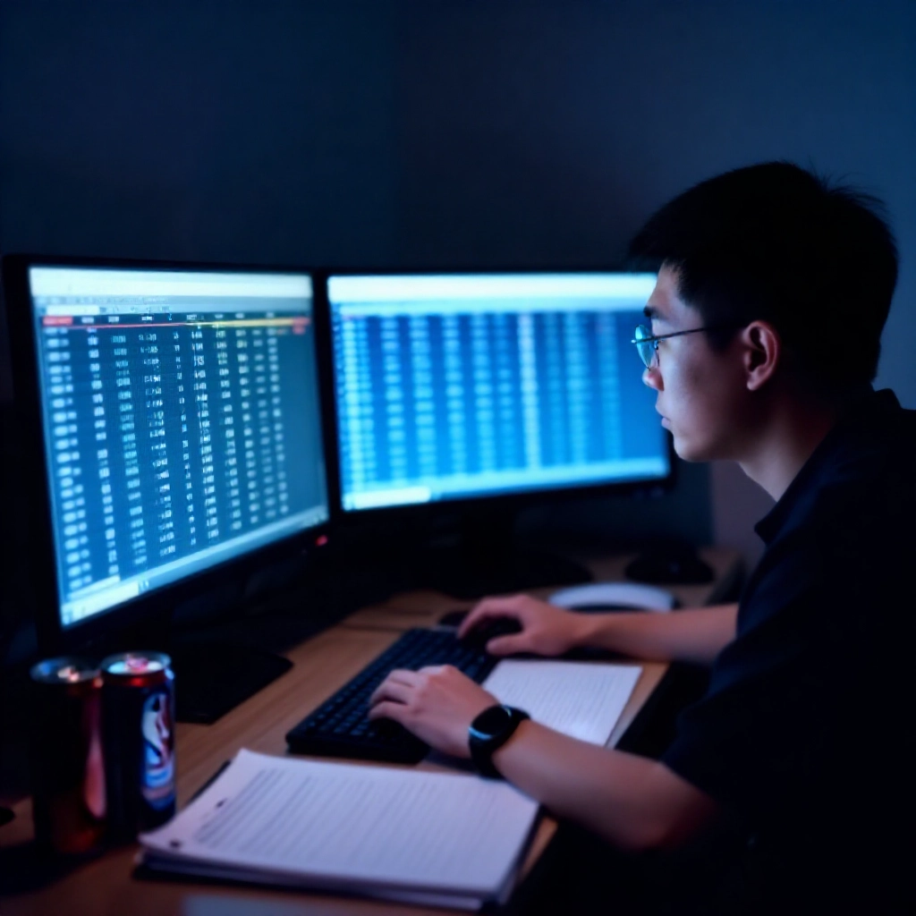 昏暗書房中專注的台灣分析師在雙螢幕上檢視 NBA 投注賠率與機率圖表,周圍散落筆記本與能量飲料罐,藍色環境光柔和照明