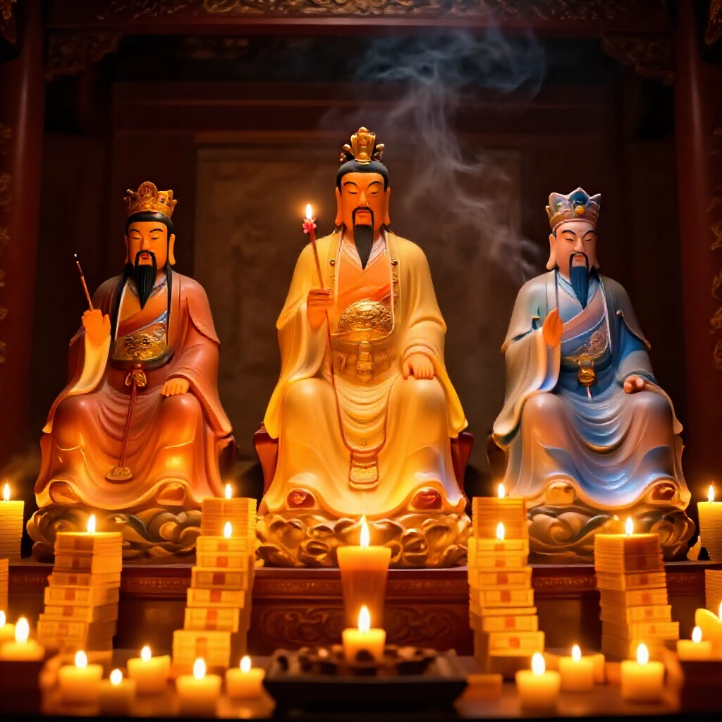 寧靜台灣廟宇內部沐浴溫暖燭光，三官大帝神像莊嚴環繞象徵性金紙錢堆，香煙輕柔飄散