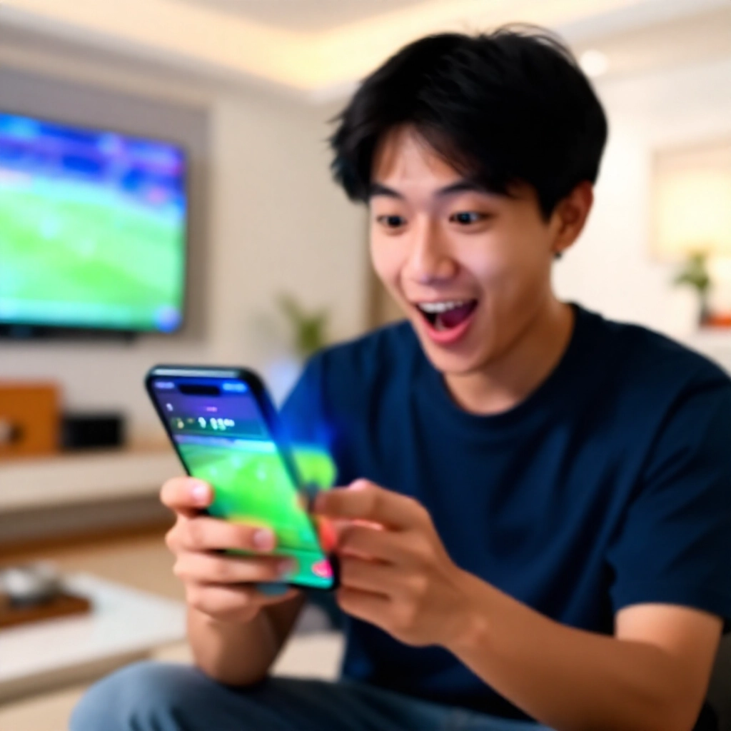 年輕台灣投注者在客廳興奮查看手機App,顯示賽事結果與派彩狀態載入中,球場燈光映照螢幕