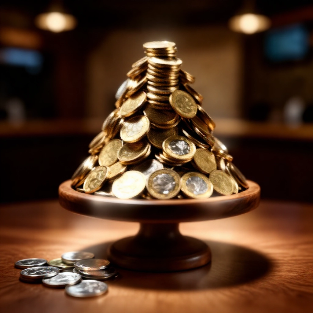 大堆金幣與小銀幣戲劇性對比,木質架上柔光強調派彩差異,營造舒適投注店氛圍。