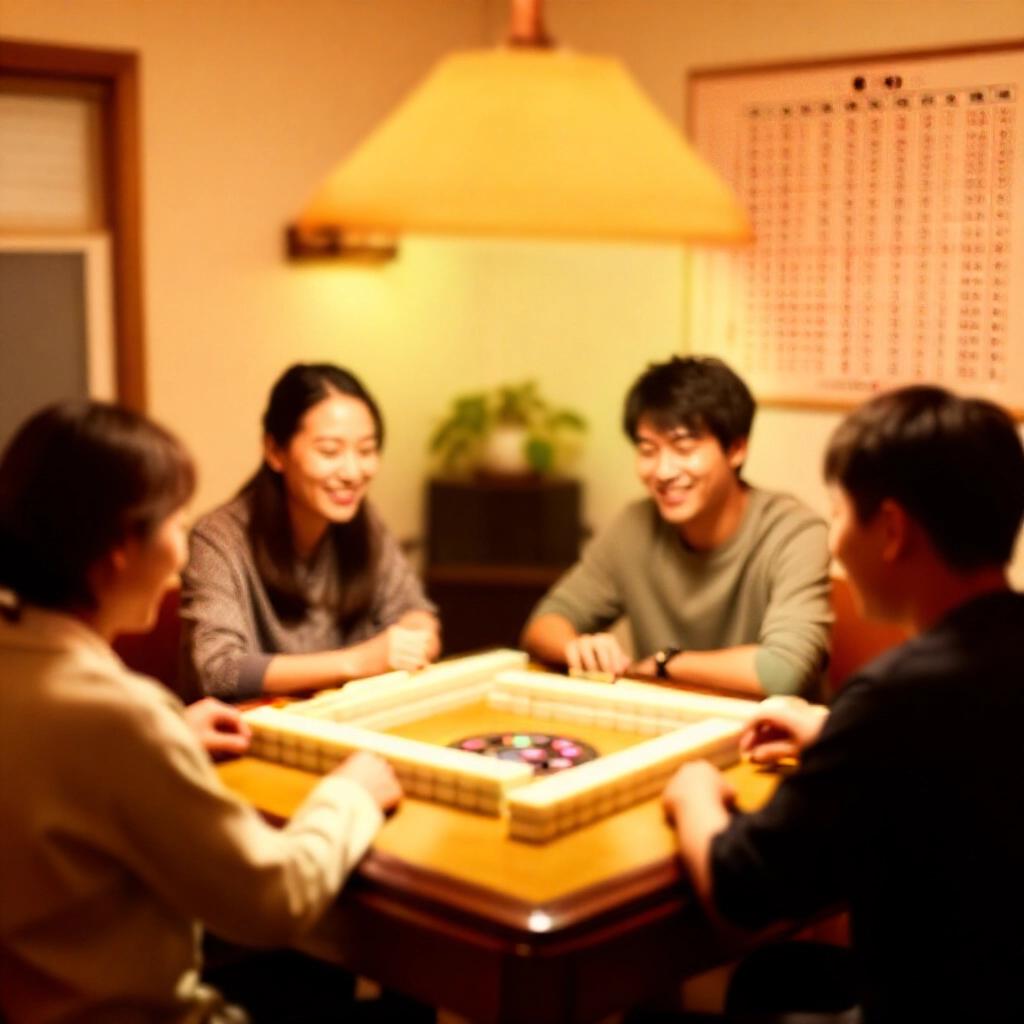 溫暖燈光下的舒適台灣居家，四位笑容滿面的朋友圍著木製麻將桌，桌上擺滿象牙色麻將牌，並有醒目的計分公式圖表，沐浴在柔和金黃燈光中