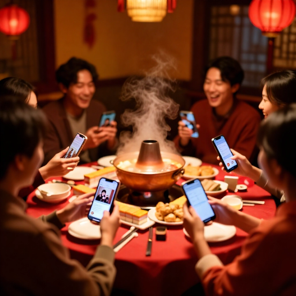 台灣家庭圍著傳統晚餐桌大笑熱鍋蒸騰，每人拿手機顯示麻將邀請連結與親友房，溫馨喜悅氛圍