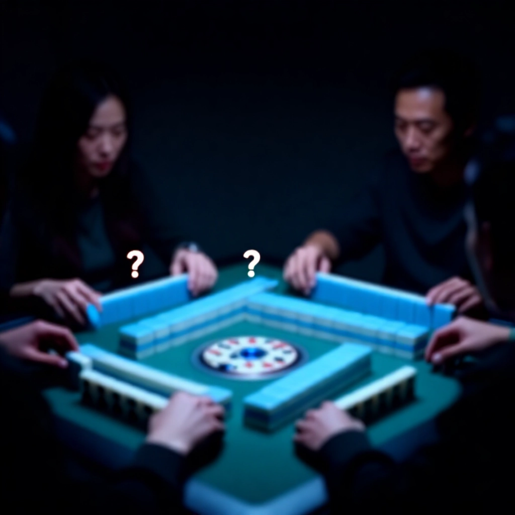 夜晚戲劇性麻將桌場景，玩家湊近檢查有爭議的牌型佈局，標註問號指示器，低沉藍調燈光營造緊張氛圍