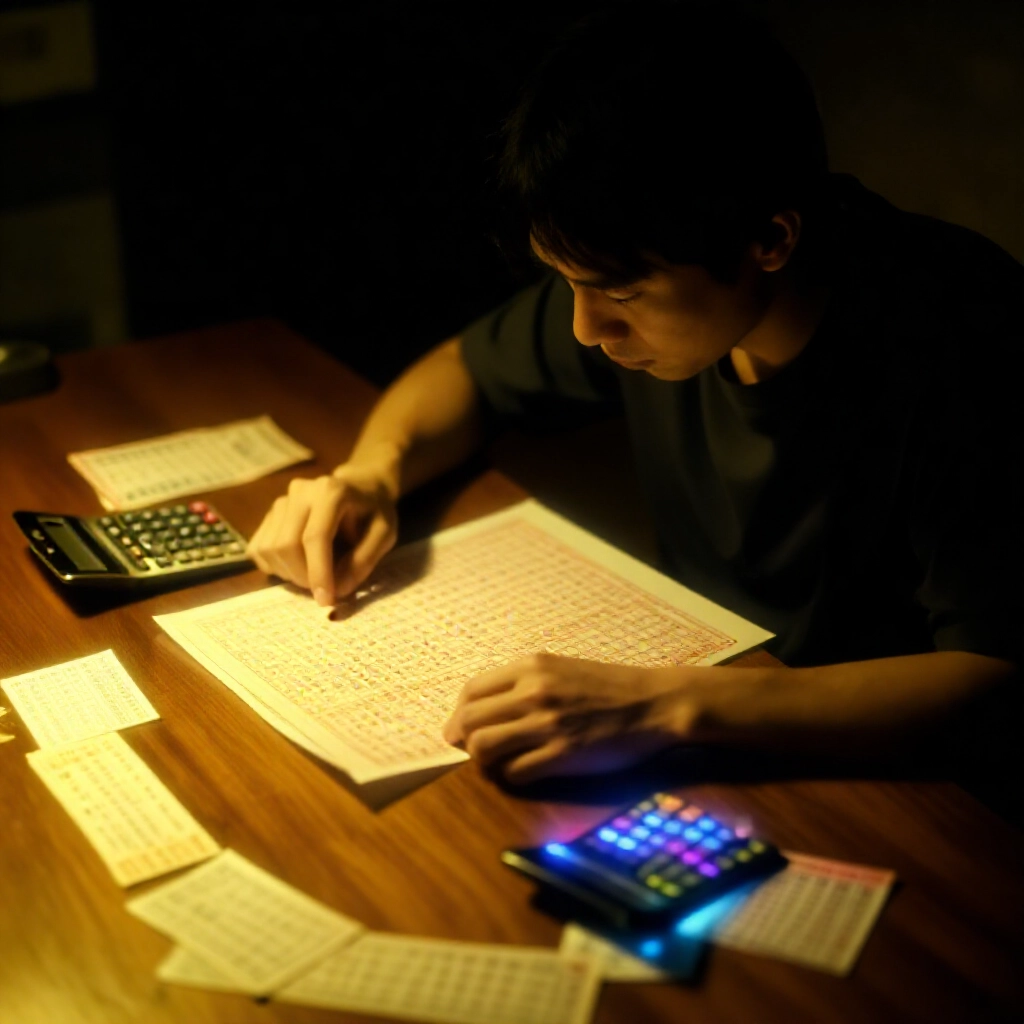 台灣男子在昏暗地下室專注檢視樂透成本圖表,桌上散落彩券、計算機與霓虹燈照亮的賠率單,營造緊張專注氛圍