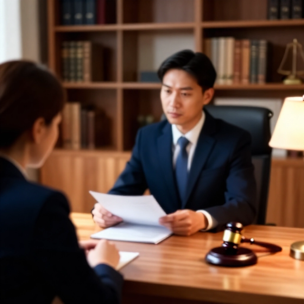 律師向擔憂客戶解釋文件，辦公室木桌旁有書櫃與法槌模型