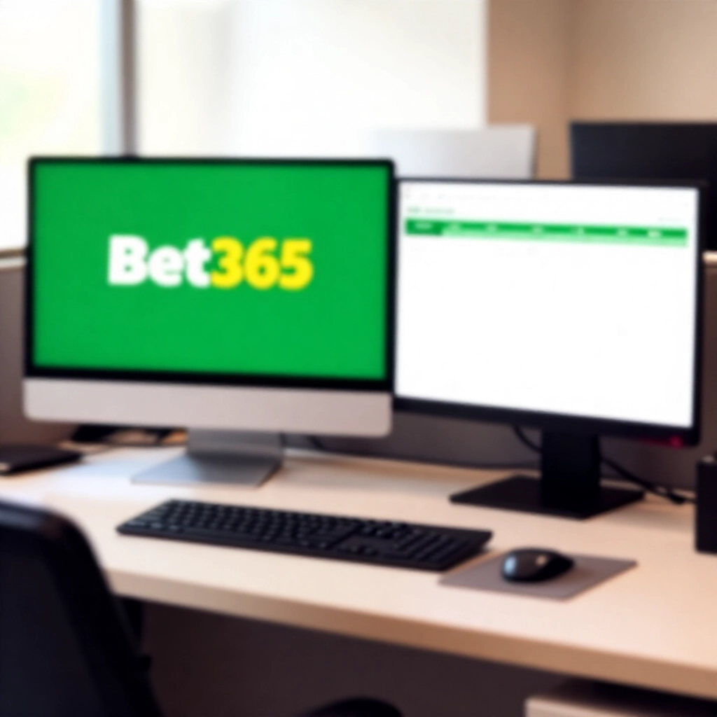 現代辦公桌上的電腦螢幕顯示綠色 Bet365 標誌，旁邊是台灣運彩投注頁面對照表，自然日光照明