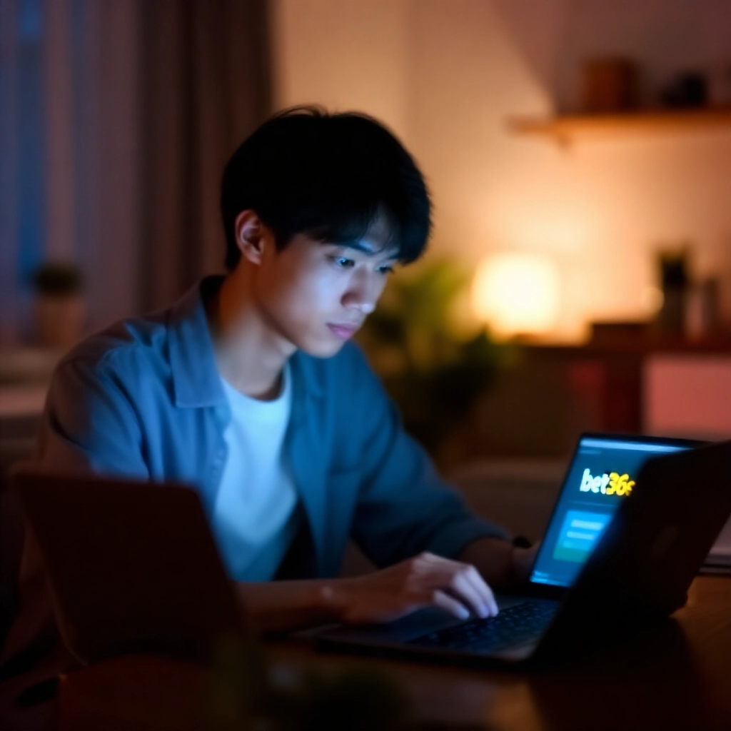 夜晚舒適現代公寓中，年輕台灣男性專注盯著筆電螢幕柔和藍光，小心點擊 bet365 提款按鈕，周圍昏暗溫暖燈光