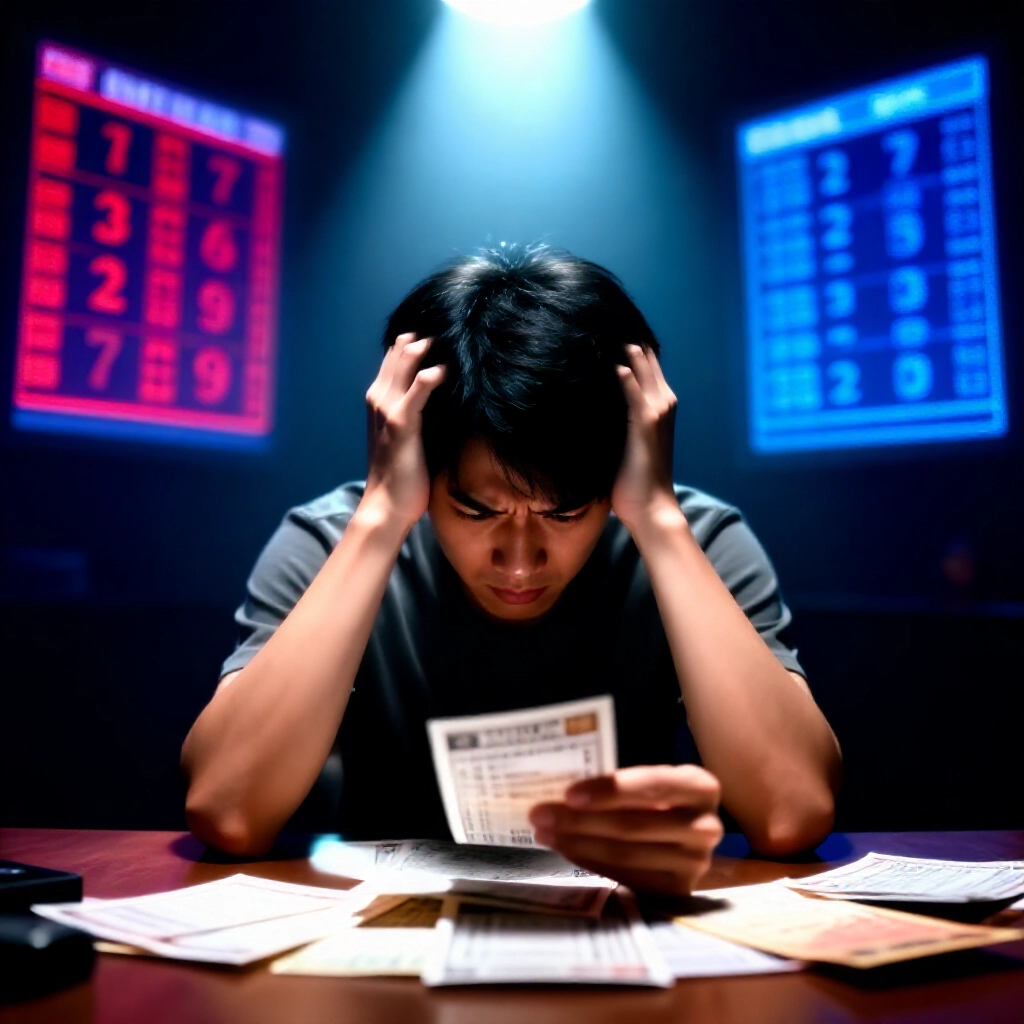 沮喪年輕台灣男子在昏暗房間盯著桌上皺巴巴輸注單，周圍飄浮顯示莊家優勢紅線轉藍色正期望值公式的賠率螢幕，上方戲劇性聚光燈