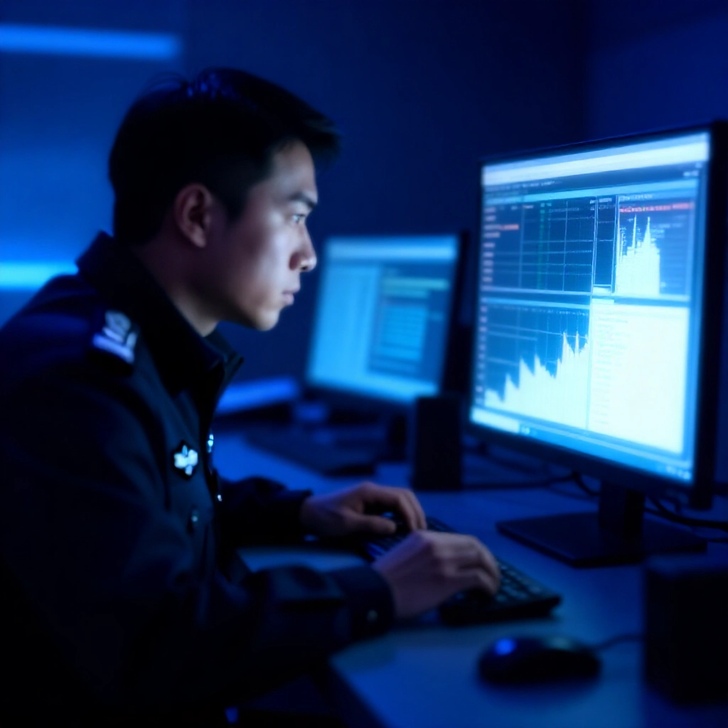 刑警分析電腦螢幕上的金流圖表與聊天記錄，高科技調查室藍光氛圍