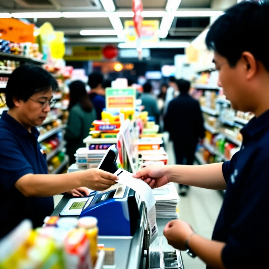 夜晚忙碌超商櫃檯,玩家掃描儲值代碼付款給店員,周遭零食貨架與台灣都市顧客氛圍