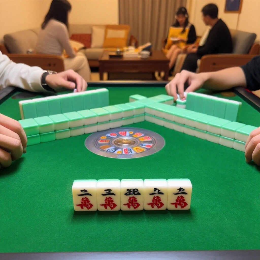 麻將牌顯示五組相同刻子和一對將頭,整齊排列在綠色桌布上,周圍有專注玩家在台灣溫馨客廳電動麻將桌旁,暖色調照明
