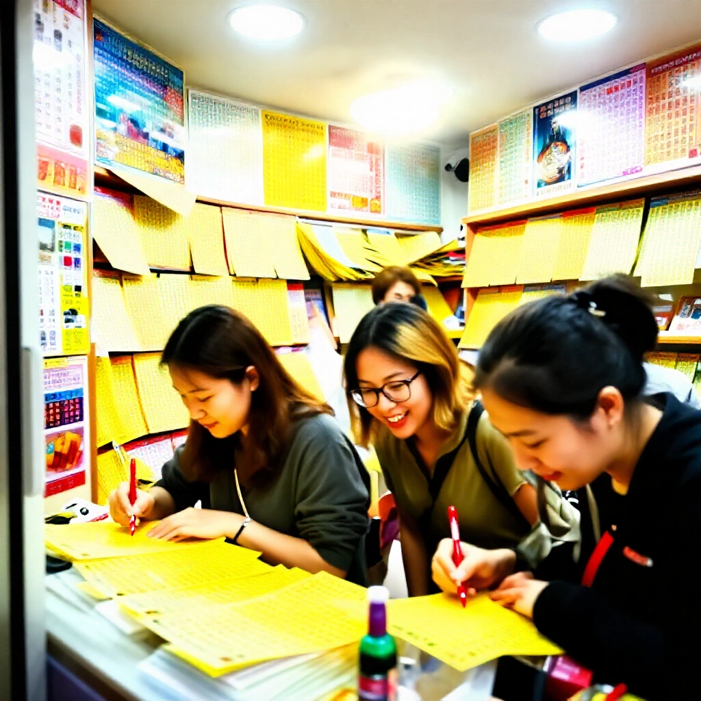 熱鬧的台灣彩券行內部，顧客興奮地在黃色選號單上用紅筆標記號碼，周圍滿是彩色海報與明亮燈光，營造溫馨氛圍