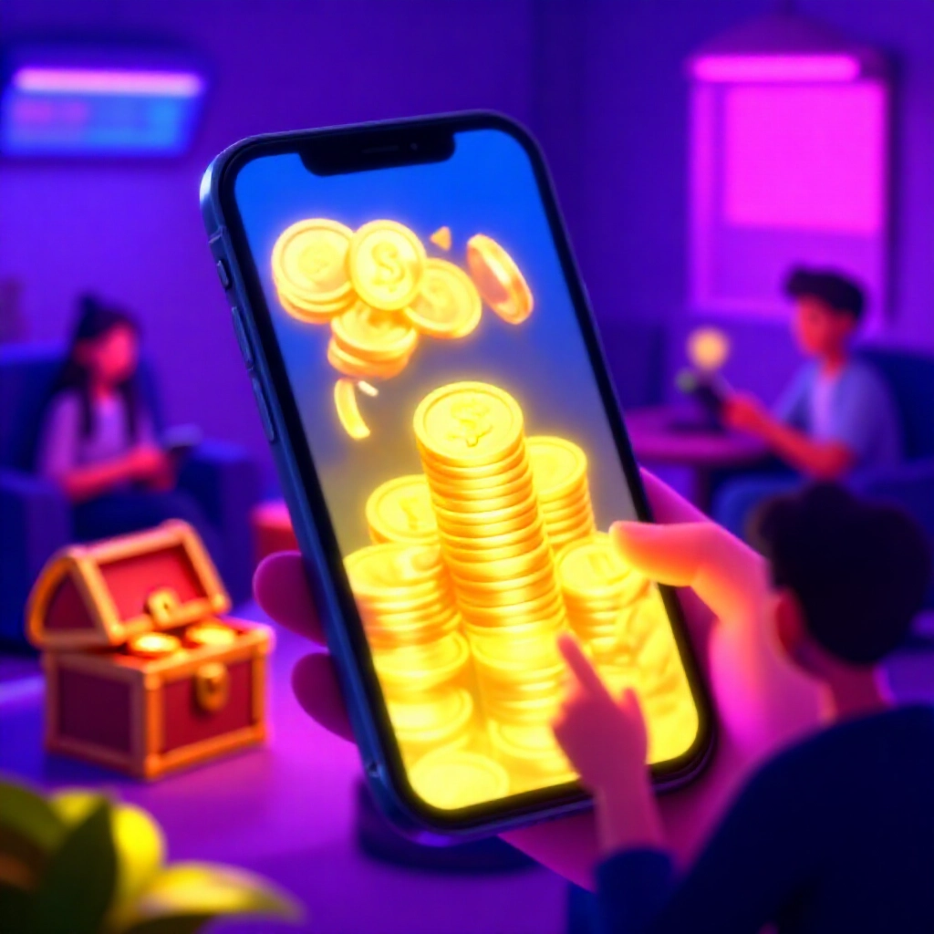 充滿活力的手機遊戲大廳,金幣堆疊與獎勵寶箱在霓虹燈光下閃耀,年輕玩家在舒適的暗室中興奮地點擊螢幕
